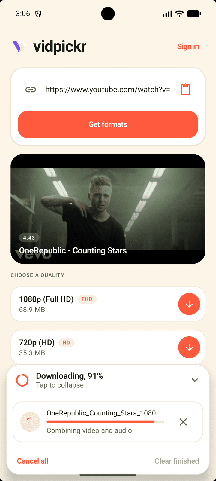 VidPickr on Android showing downloads in progress