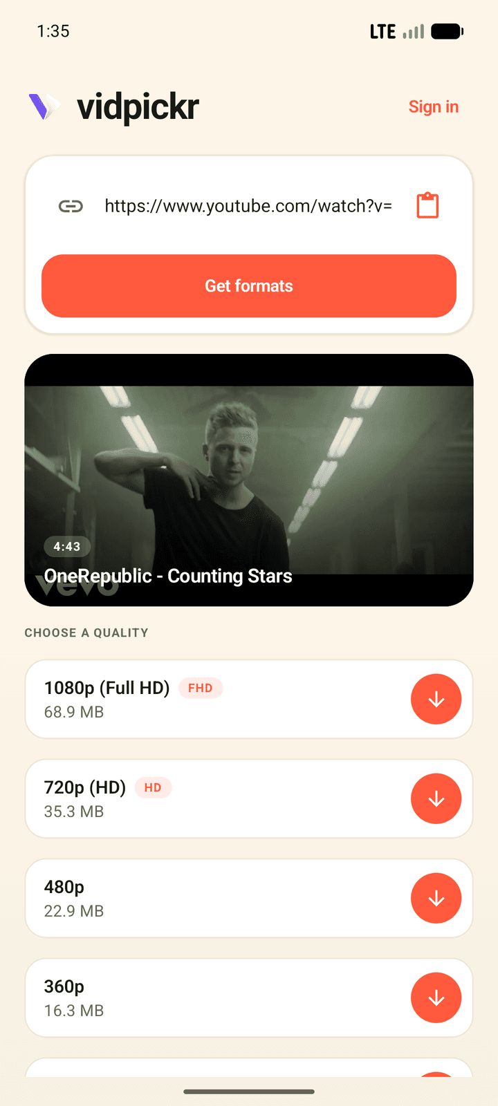 VidPickr on Android showing the qualities for a video